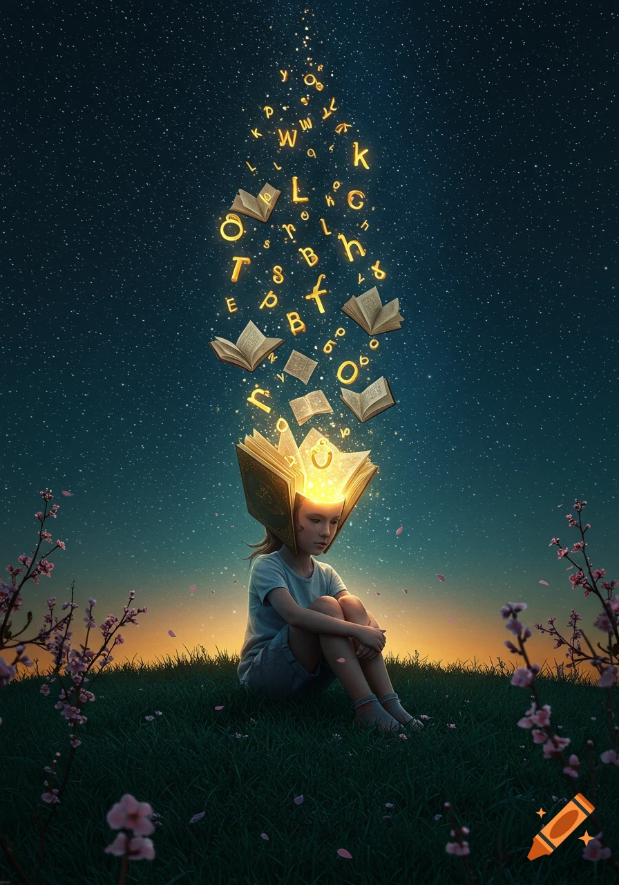 A girl sits on a grassy hill at dusk under a starry sky, with an open, glowing book on her head from which luminous letters and books ascend.
