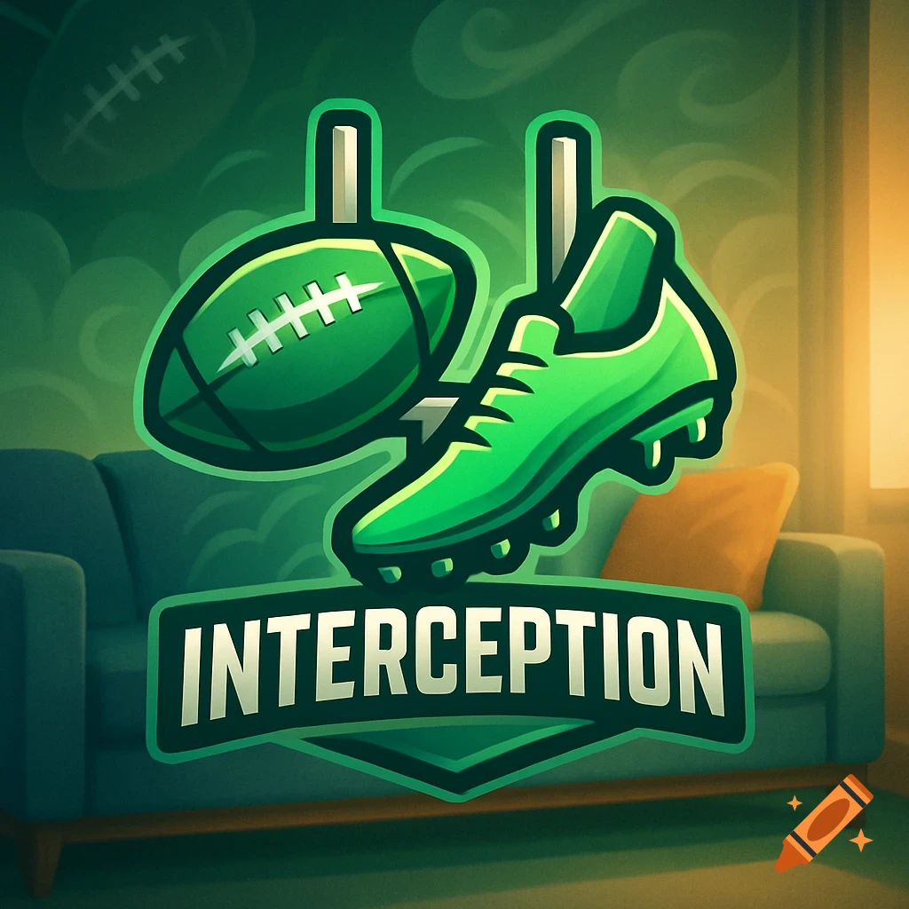 Stylized green football logo with a football, cleat, and 'INTERCEPTION' text over a blurry living room background.