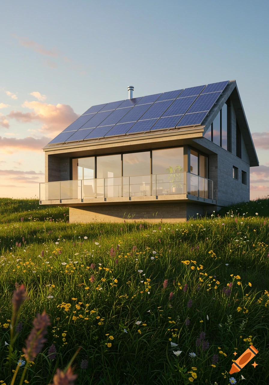 Photorealistic modern house with solar panels on a grassy hill filled with wildflowers under a sunset sky.