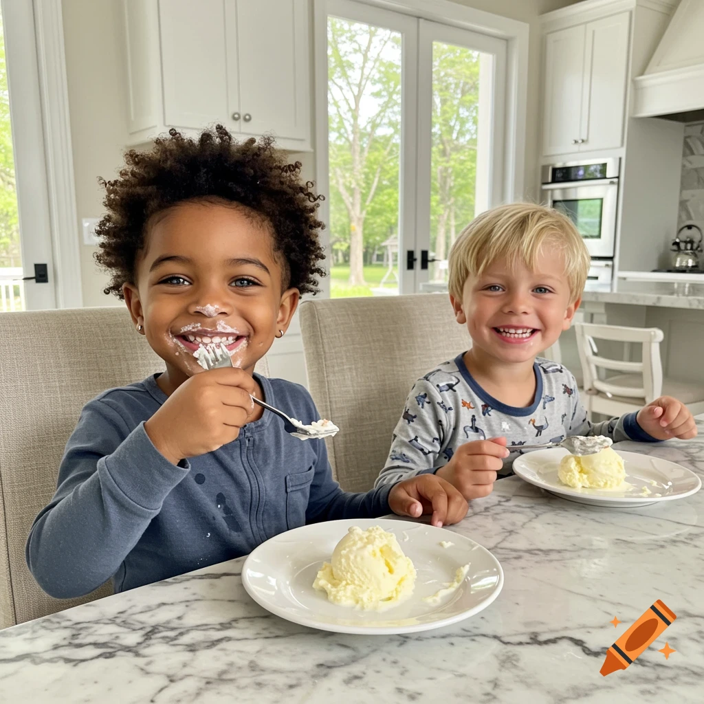 Two smiling young boys in pajamas eat vanilla ice cream at a marble kitchen table. One boy has curly dark hair and the other has blonde hair.