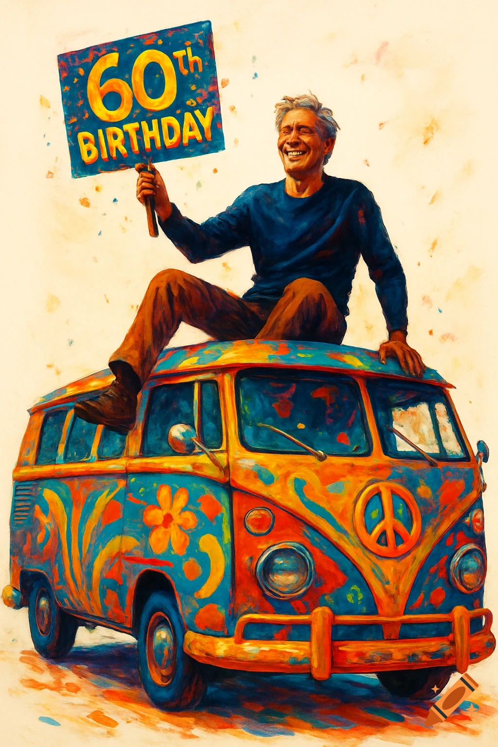 A laughing man with grey hair sits on a psychedelic vintage van, holding a 60th Birthday sign, in a painterly style.