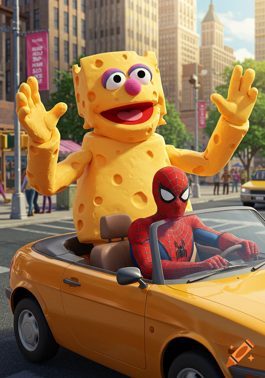 Spider-Man drives a yellow convertible car with a large, yellow, cheese-shaped muppet passenger waving on a city street.