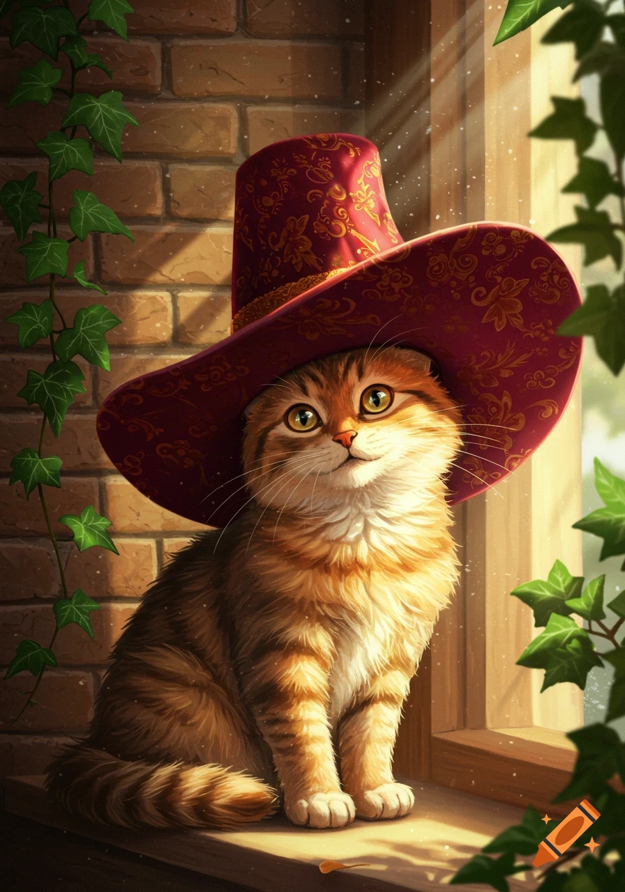 Fluffy orange cat wearing an ornate red hat sits on a sunlit windowsill next to a brick wall with ivy.