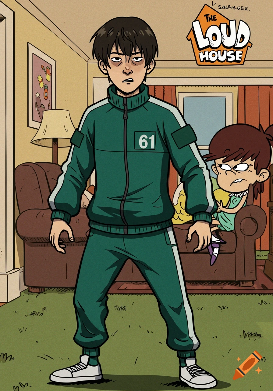 A serious young man in a green Squid Game tracksuit stands in The Loud House living room, with an angry girl peering from behind a couch.