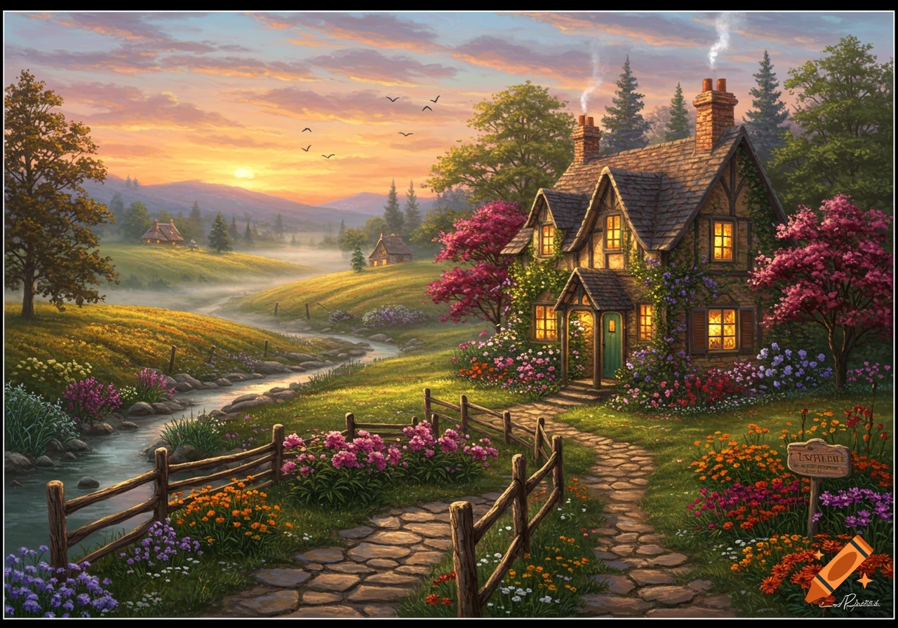 A vibrant painting of a charming cottage surrounded by colorful flowers and trees, nestled beside a winding stream at sunset.