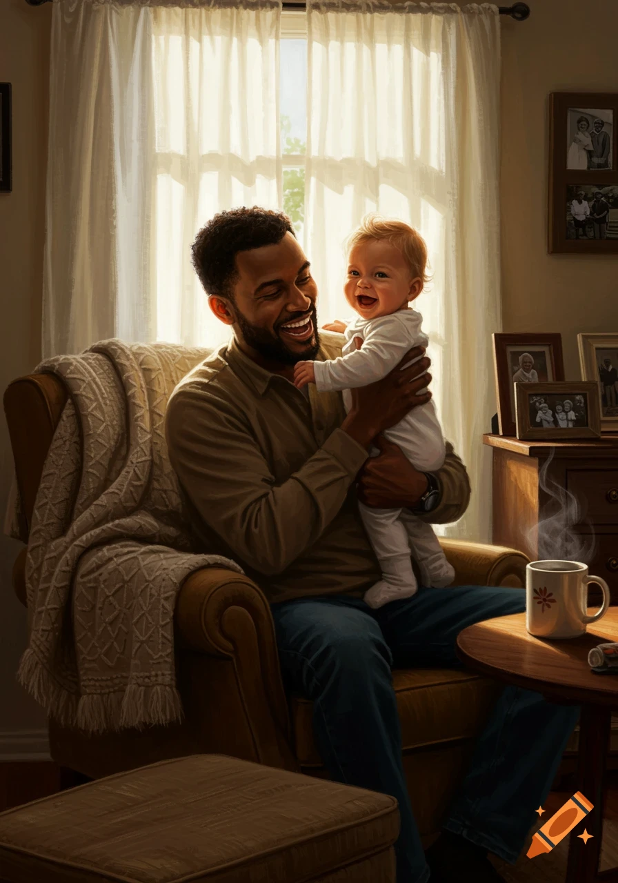 A joyful father holds a laughing baby in a sunlit living room, with a mug of coffee on a side table.
