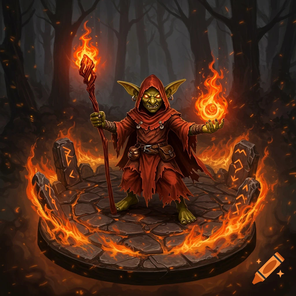 A green-skinned goblin fire mage in a red hooded robe stands on a stone platform, holding a fiery staff and a floating orb of fire. Rune-carved stones and flames surround the platform in a dark forest setting, art style is digital painting.