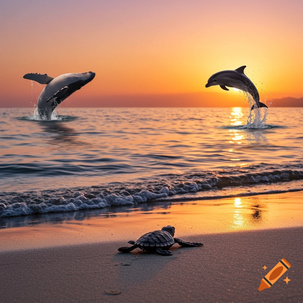 Photorealistic image of a baby turtle on a beach with a dolphin jumping and a whale breaching in the ocean at sunset.