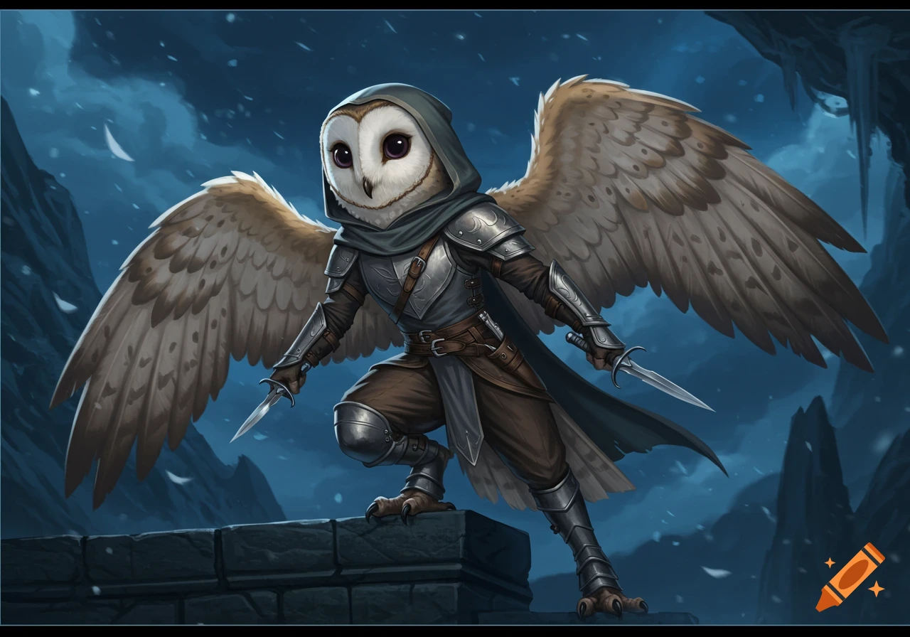 A barn owl Owlin rogue in armor and hooded cloak, with spread wings, holding two daggers on a stone ledge in a snowy, moonlit fantasy landscape.