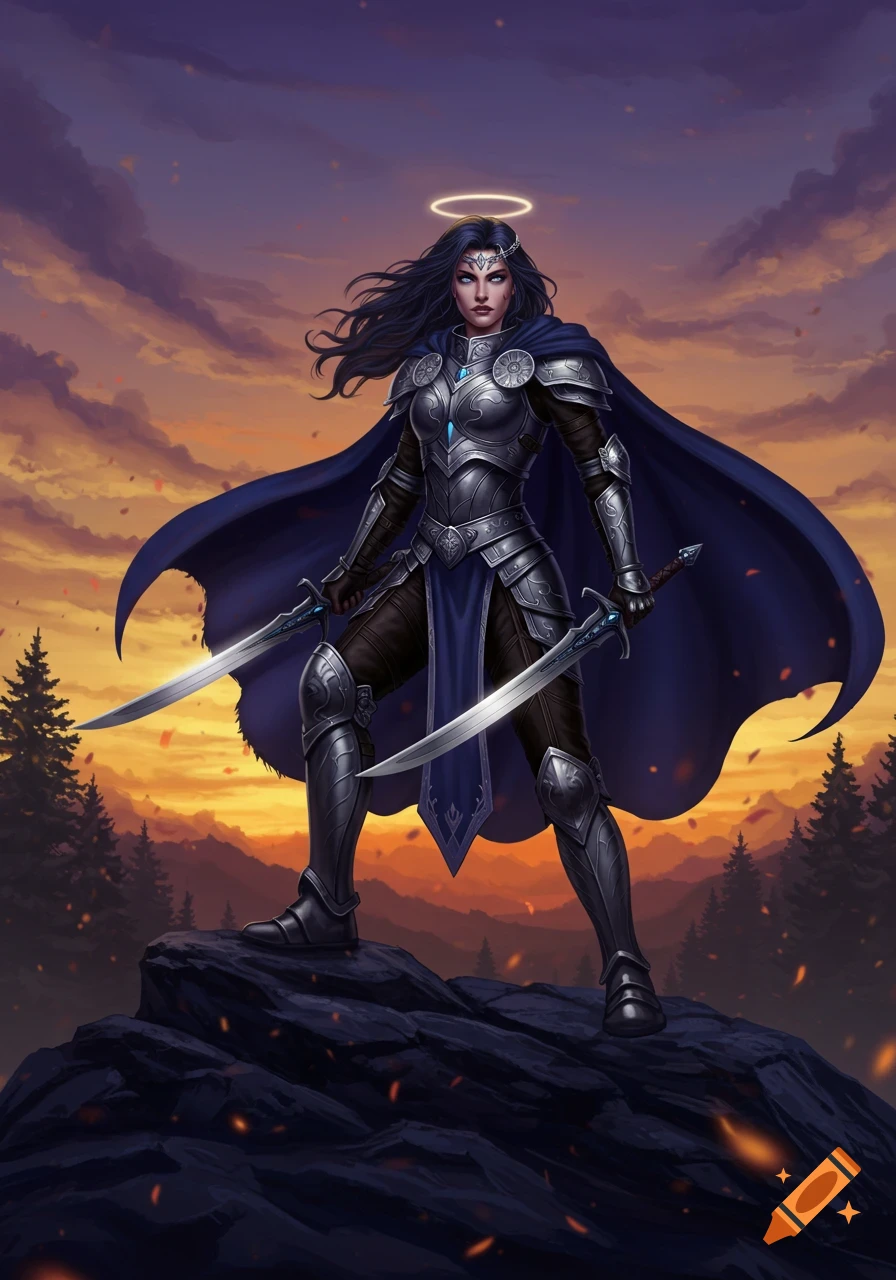 A female fantasy warrior in silver armor and blue cape, with a halo and two swords, stands on a rock at sunset.