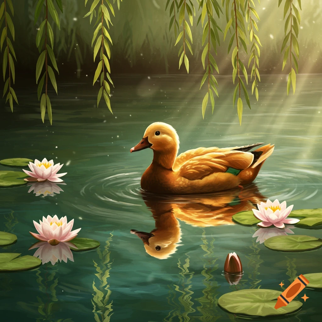 A golden-yellow duck swims in a pond with pink and white water lilies and hanging willow branches, reflecting in the water.