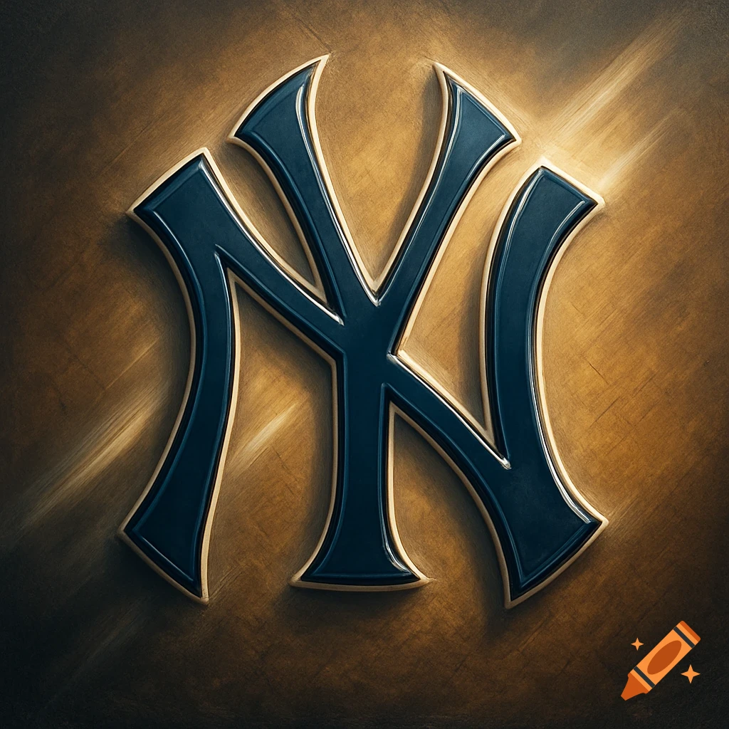 A stylized metallic dark blue New York Yankees NY logo with a gold outline, set against a brushed golden background with subtle light rays.