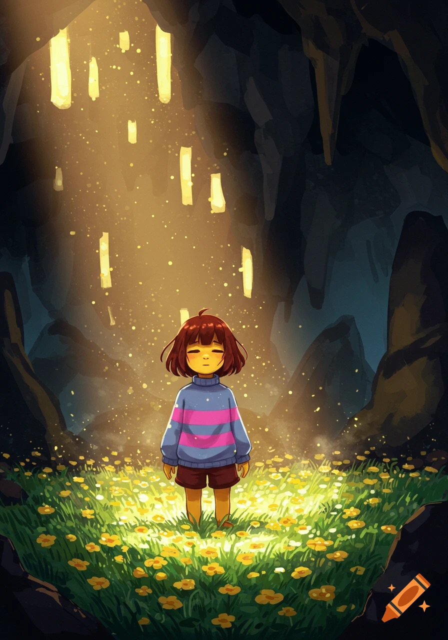 Frisk from Undertale stands in a vibrant field of golden flowers under a glowing light source in a dark cave, in an anime style.