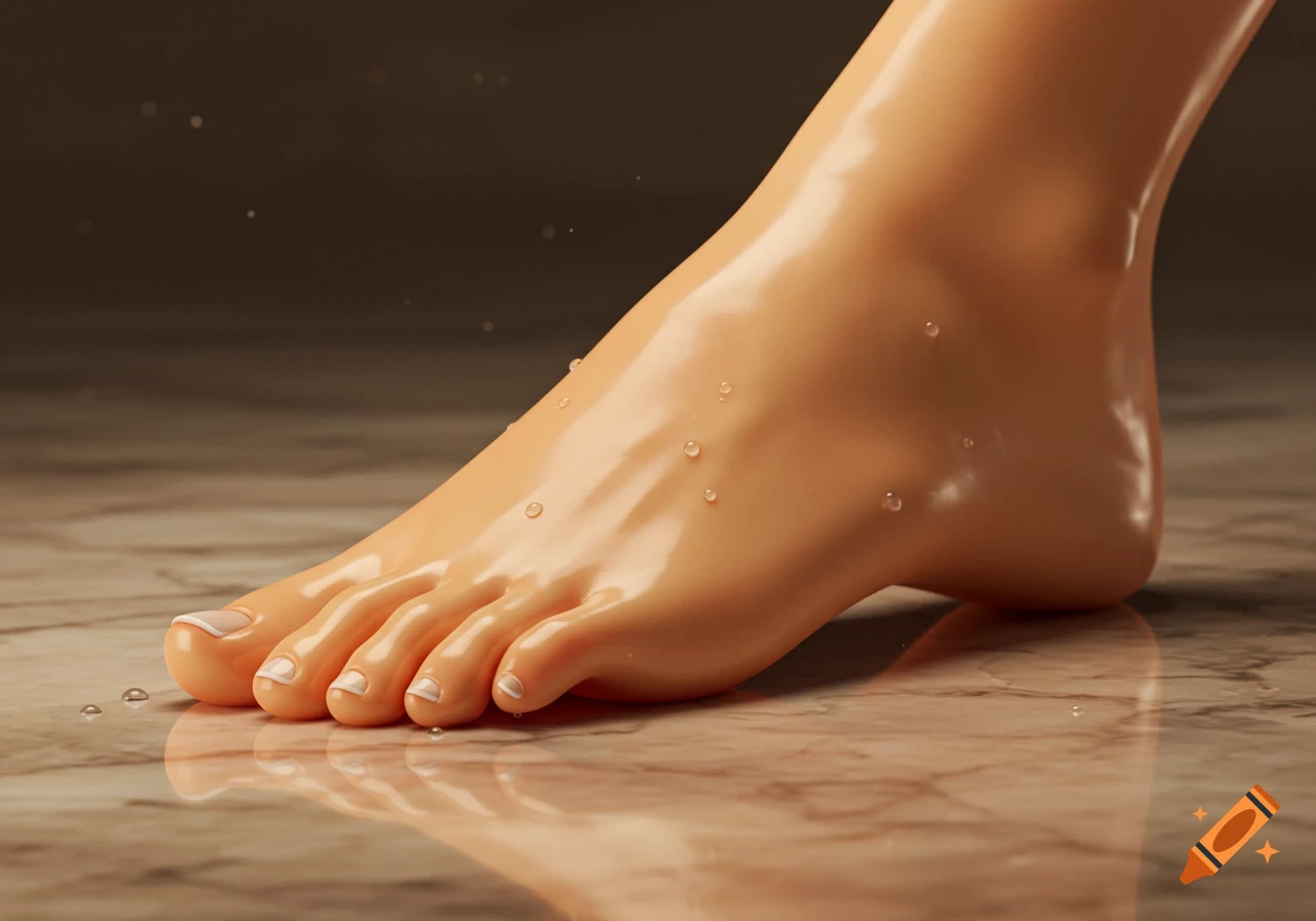 Close-up of a bare foot with water droplets on a marble surface, photorealistic style.