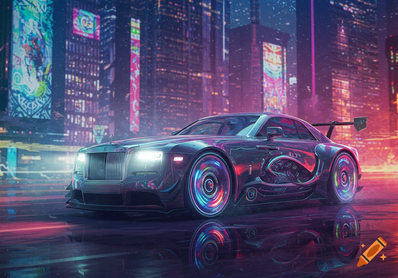 A customized dark car with neon wheels and glowing lights, resembling a Rolls-Royce, in a vibrant cyberpunk city at night with reflections.