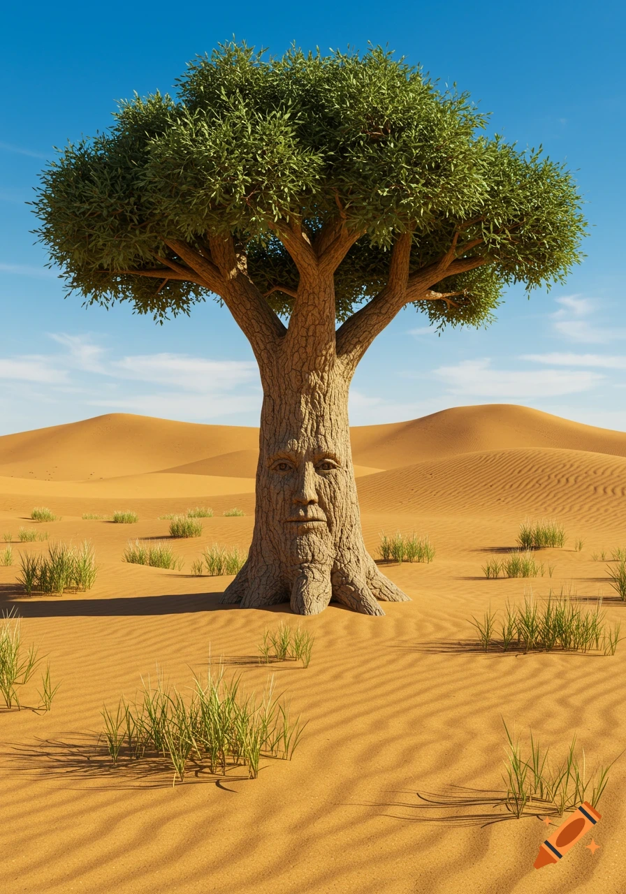 Photorealistic tree with a human face on its trunk in a vast desert landscape.