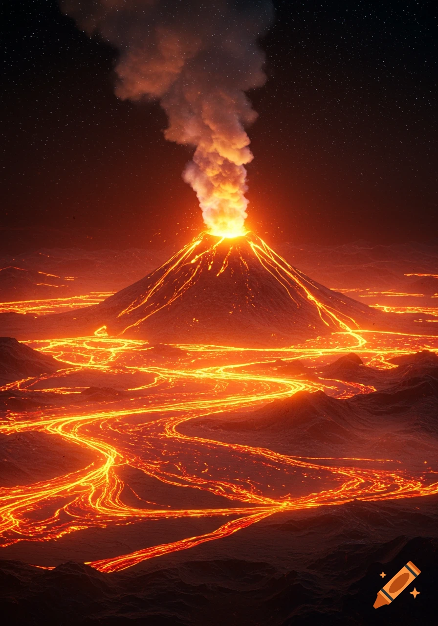 A large volcano erupts, glowing lava flows down its sides and into winding rivers across a dark, starry landscape.