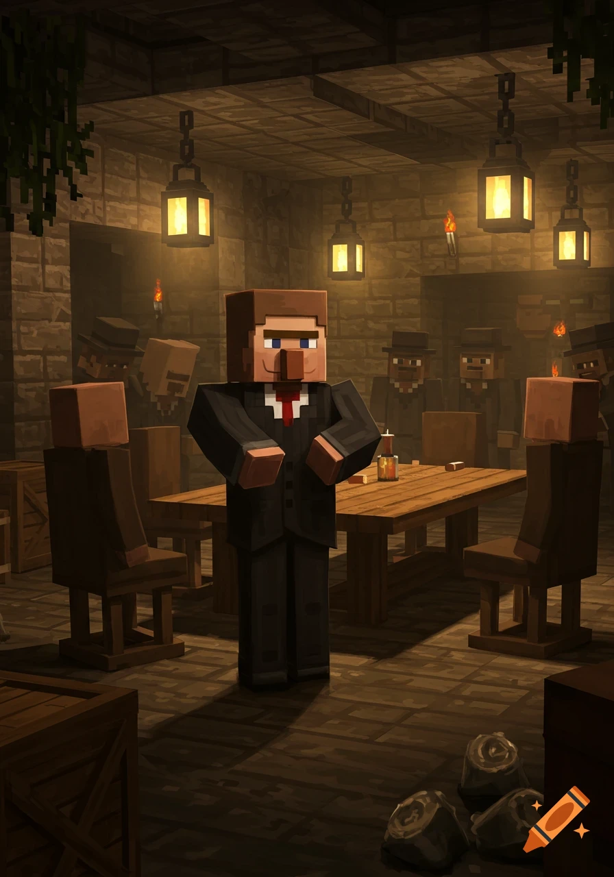 A Minecraft-style character in a suit stands in a dimly lit stone room with other villagers around a table.