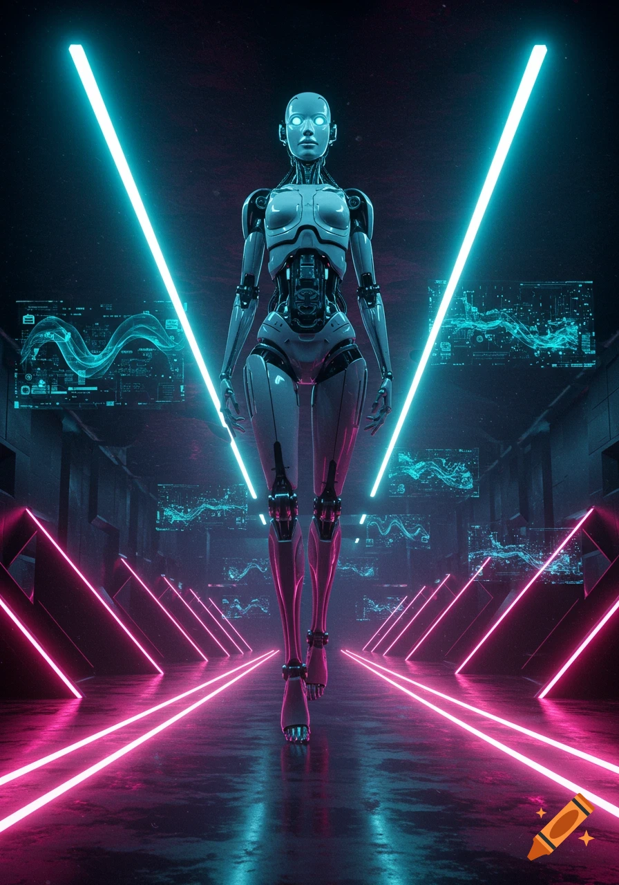 A tall, slender, white and gray robot walks in a dark, futuristic corridor with neon pink and blue lights and digital screens.