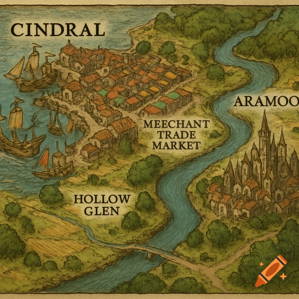 An old-style fantasy map showing a port city named Cindral, a market, a winding river, the city of Aramoo, and a rural area called Hollow Glen.