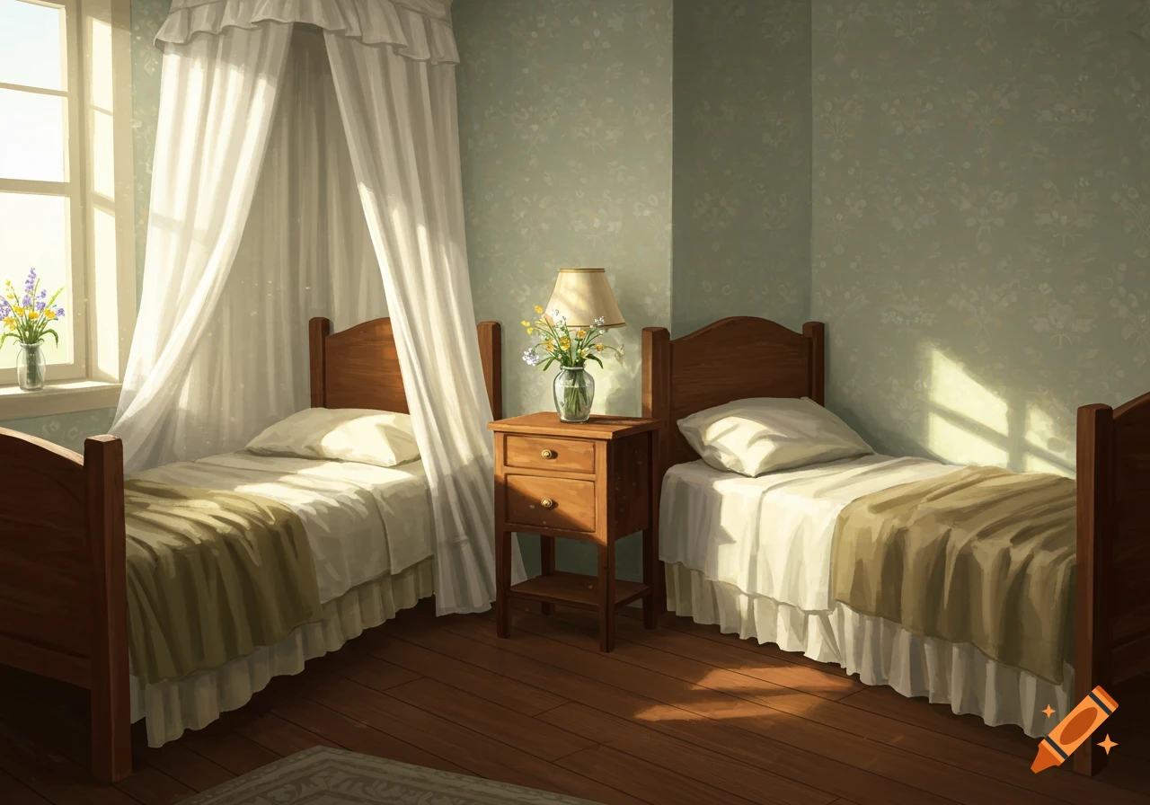 Illustrated twin bedroom with wooden beds, one canopy bed, a nightstand with a lamp and flowers, and sunlight streaming through a window.