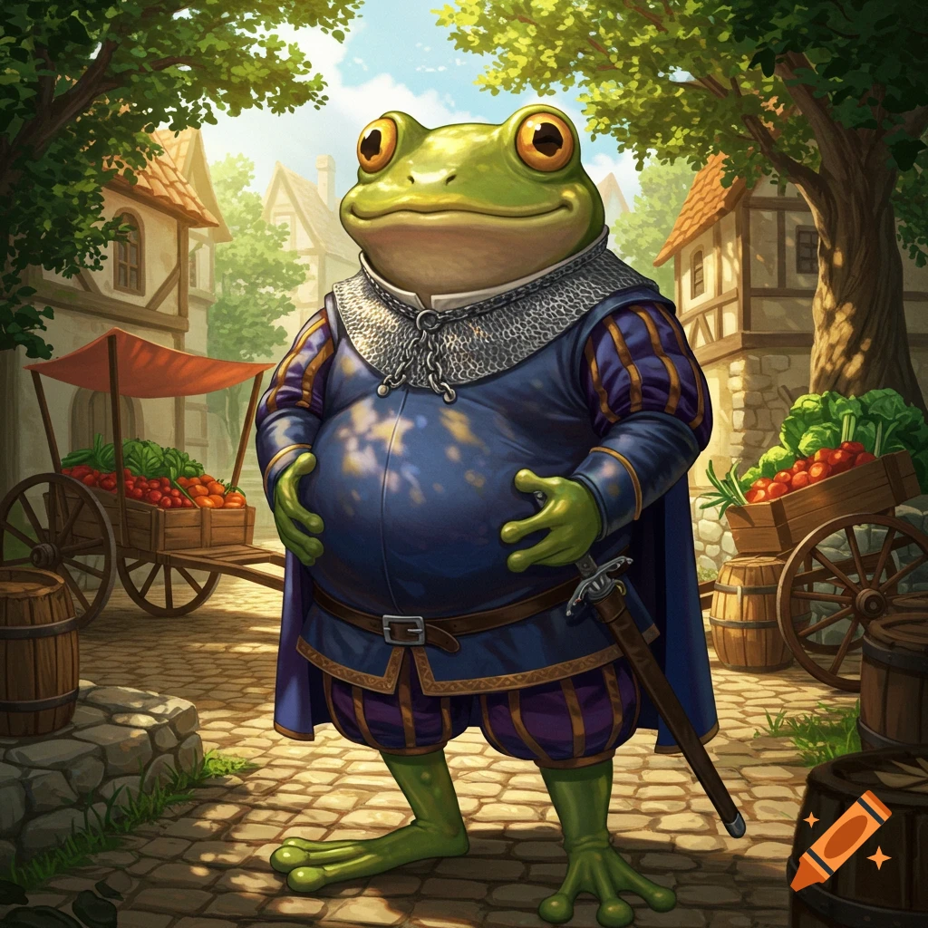 A portly humanoid frog in medieval attire with chainmail and a sword, standing in a sunny village market.
