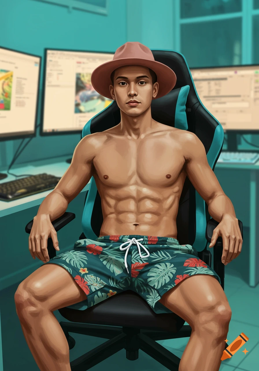 A shirtless man with a pink hat and tropical shorts sitting in a gaming chair in front of two computer monitors.