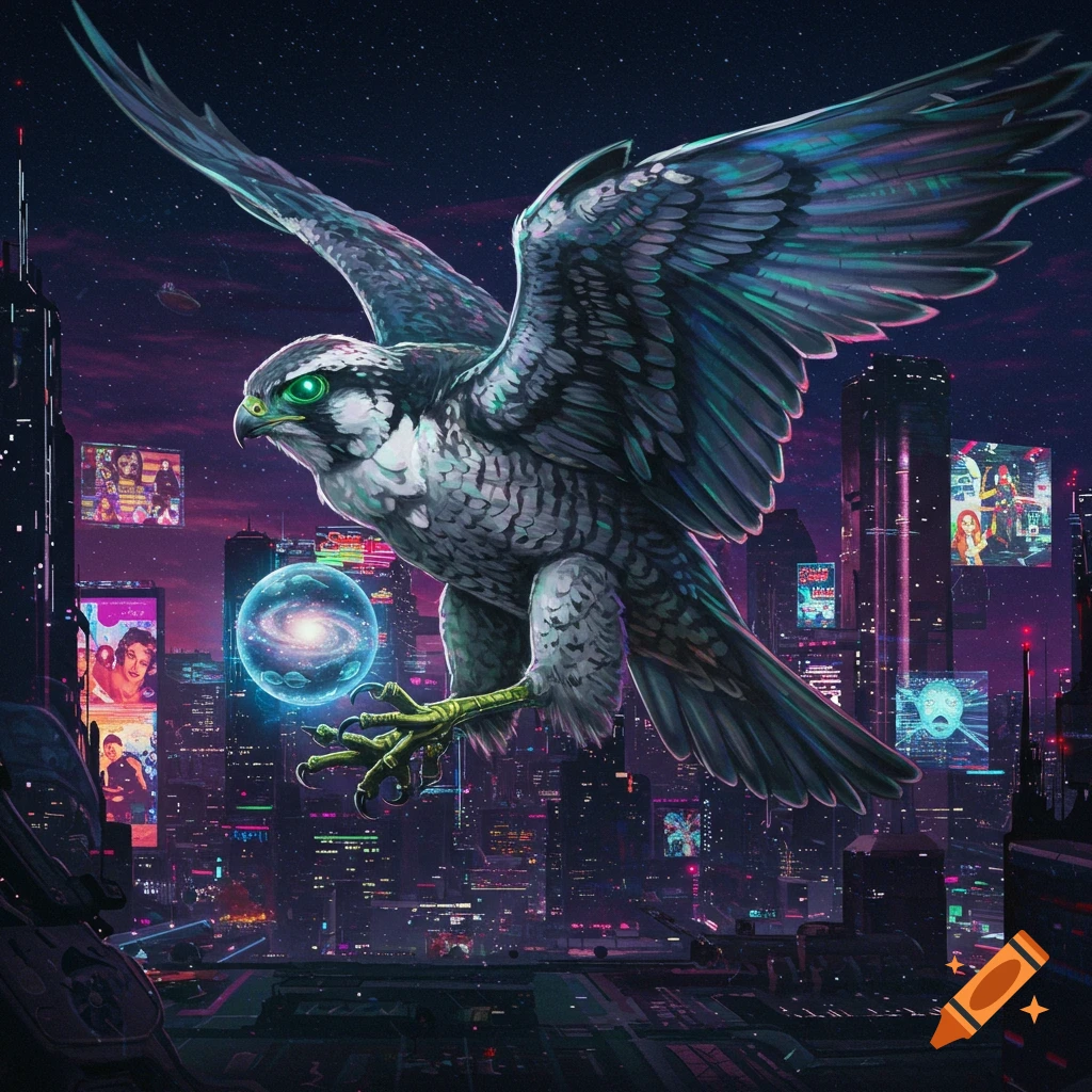 A majestic falcon with glowing green eyes and outstretched wings soars over a vibrant cyberpunk city at night, holding a glowing galaxy orb.