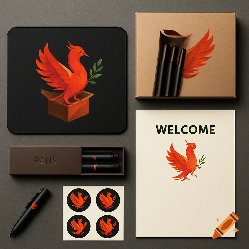 Flat lay of a remote employee welcome kit with a red phoenix logo, including a mouse pad, pen box, 'WELCOME' stationery, and stickers.