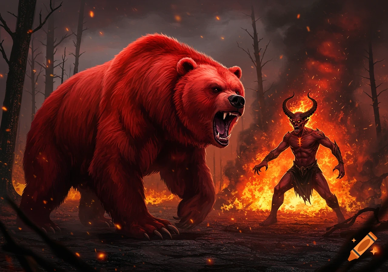 A roaring red bear charges a horned red demon in a burning forest under a dark, smoky sky, in a detailed digital art style.
