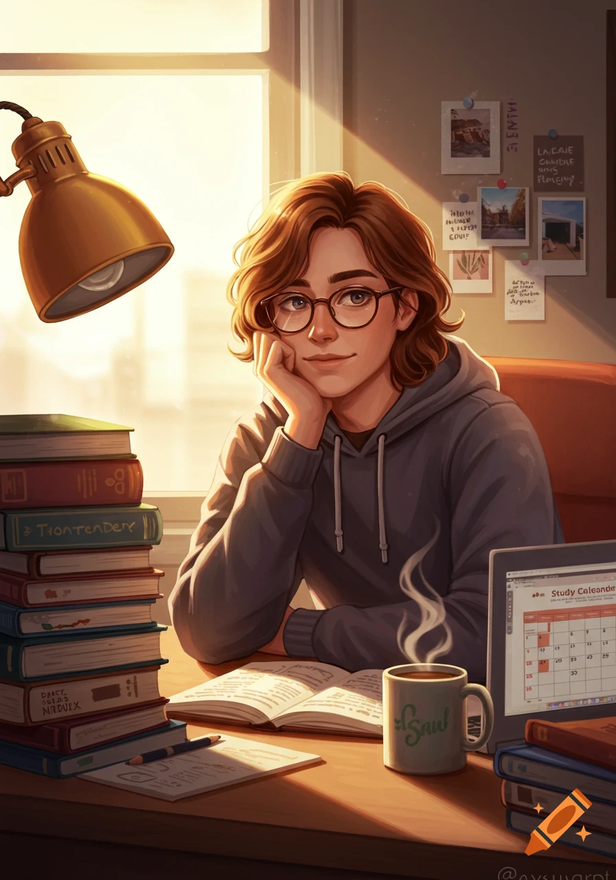 An anime-style illustration of a smiling college student with glasses, wearing a hoodie, sitting at a desk with books, a lamp, a laptop, and a steaming mug.