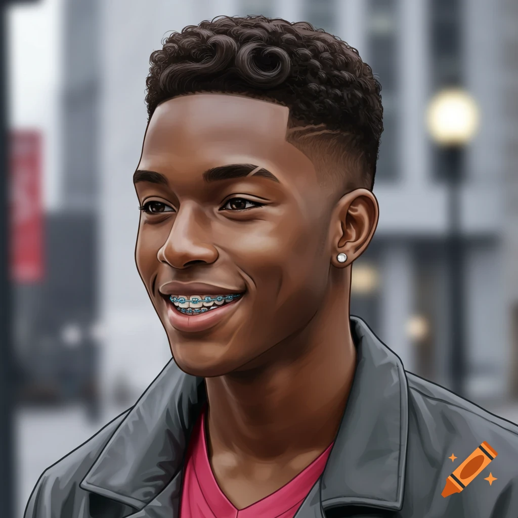 Smiling young Black man with braces and a faded haircut in a digital art portrait.