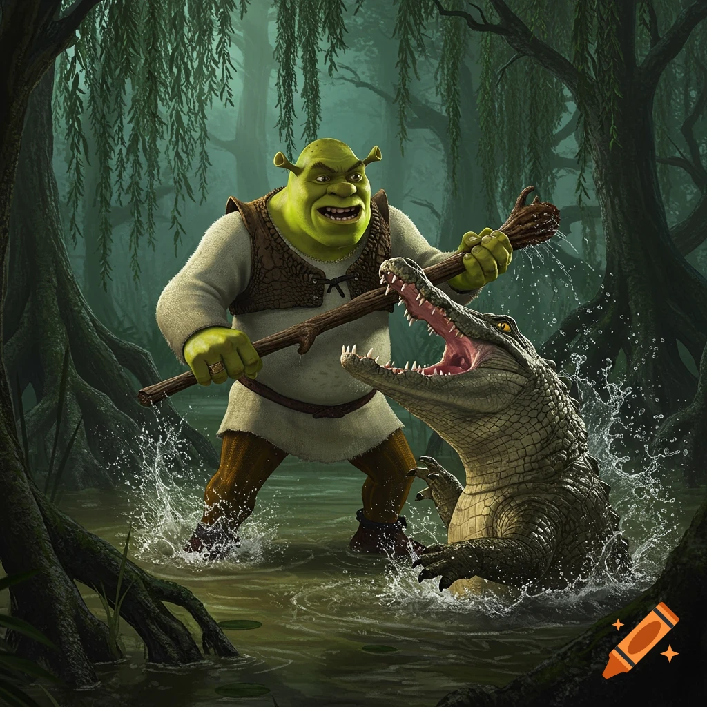 Shrek, a green ogre, is depicted in a photorealistic style, wielding a stick against a roaring alligator in a dark, murky swamp.
