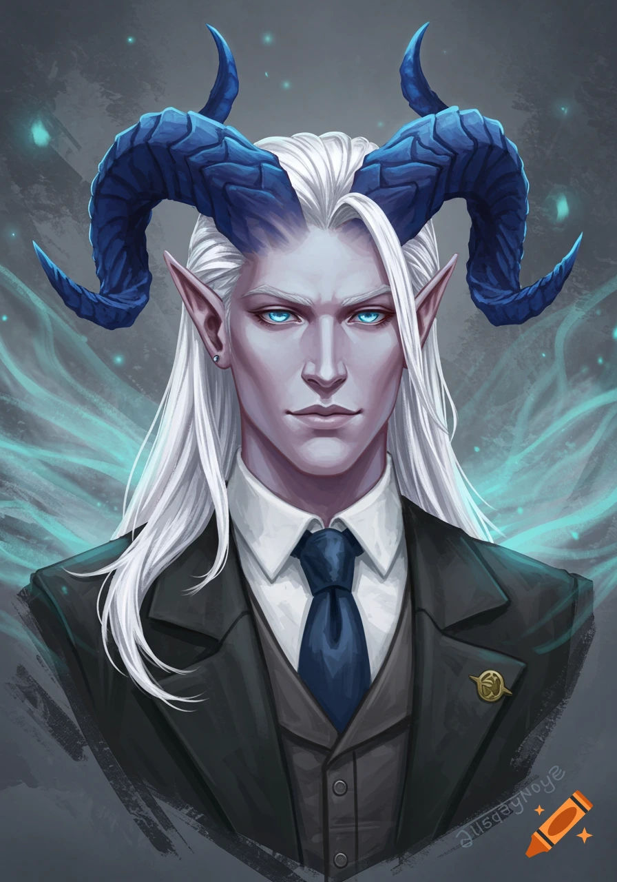 Bust portrait of a male tiefling with pale skin, long white hair, blue glowing eyes, and large blue horns, wearing a dark suit and tie.