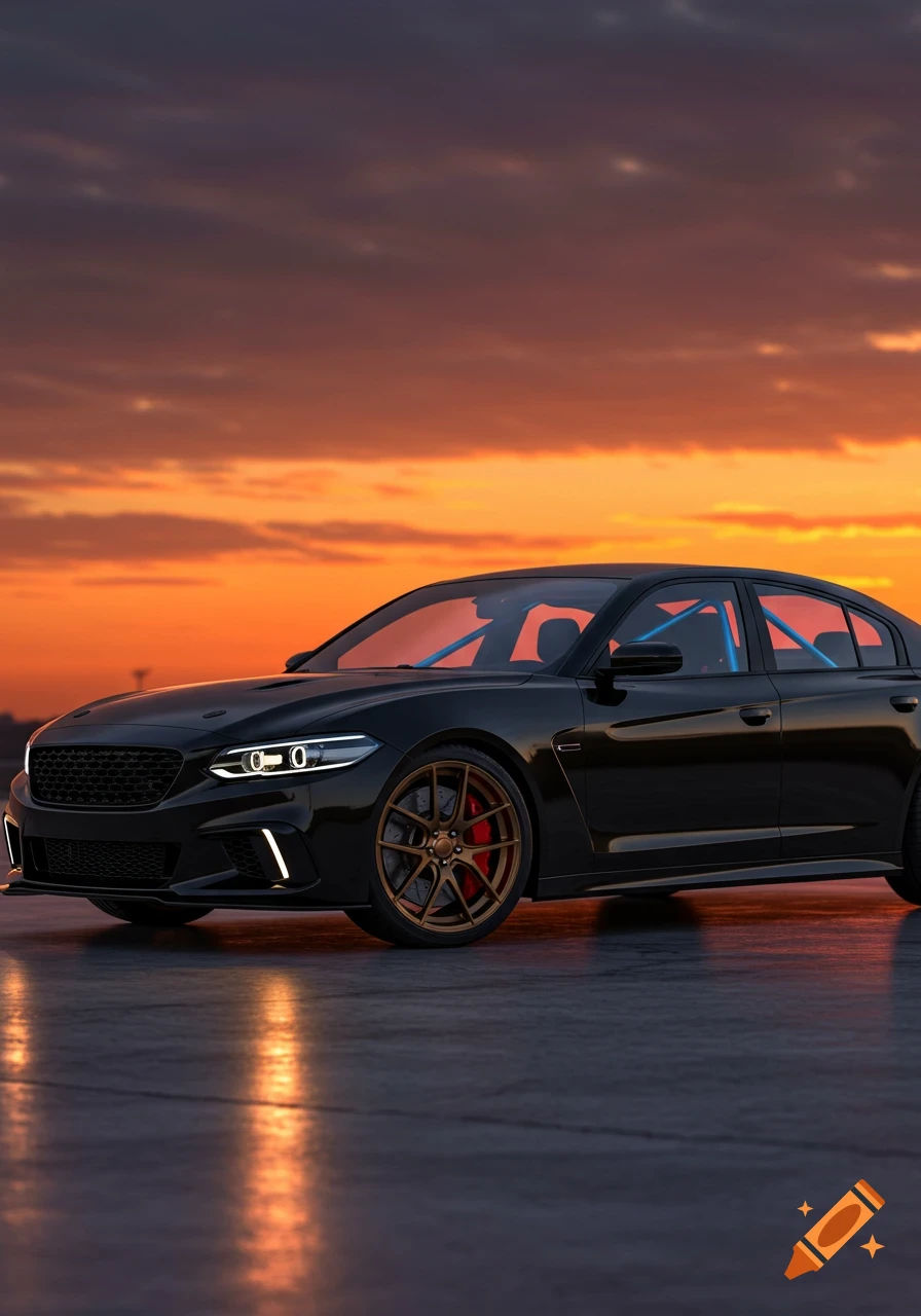 A sleek black sedan with matte bronze wheels and red brake calipers, featuring a light blue roll cage, at sunset.