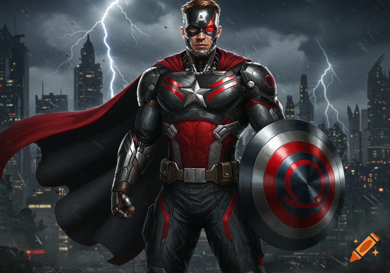 A cybernetic Captain America in a black, red, and grey suit with a red omega symbol on his shield stands in a stormy city.