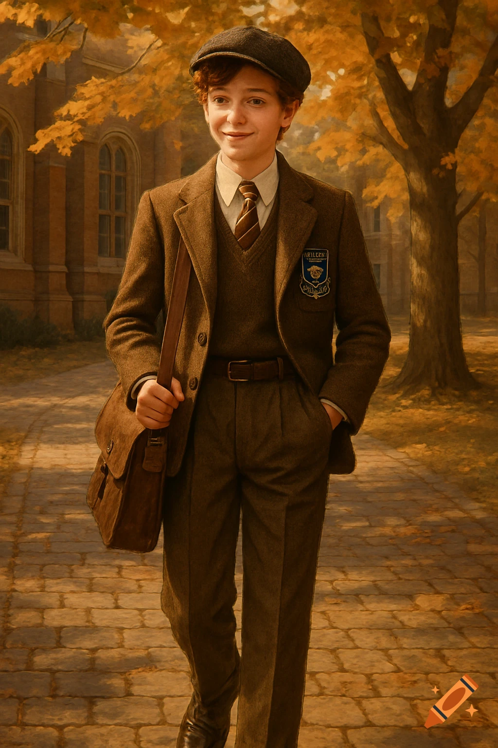 A smiling boy in a vintage brown school uniform, tweed cap, and satchel walks on a paved path in an autumn schoolyard.