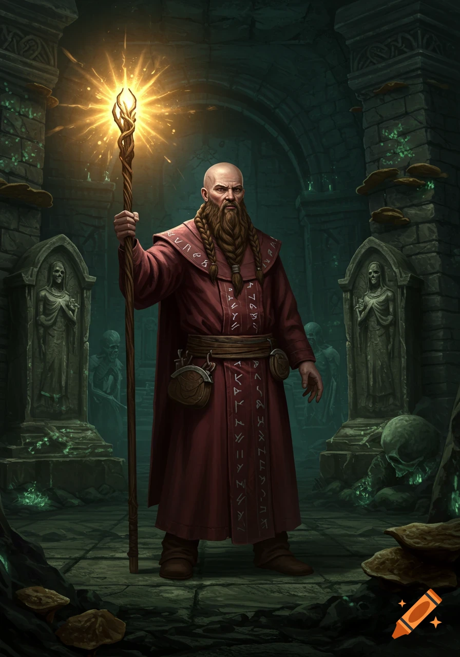 Bald, bearded wizard in a red runed robe holds a glowing staff in a dark, ancient burial chamber with skeleton statues.