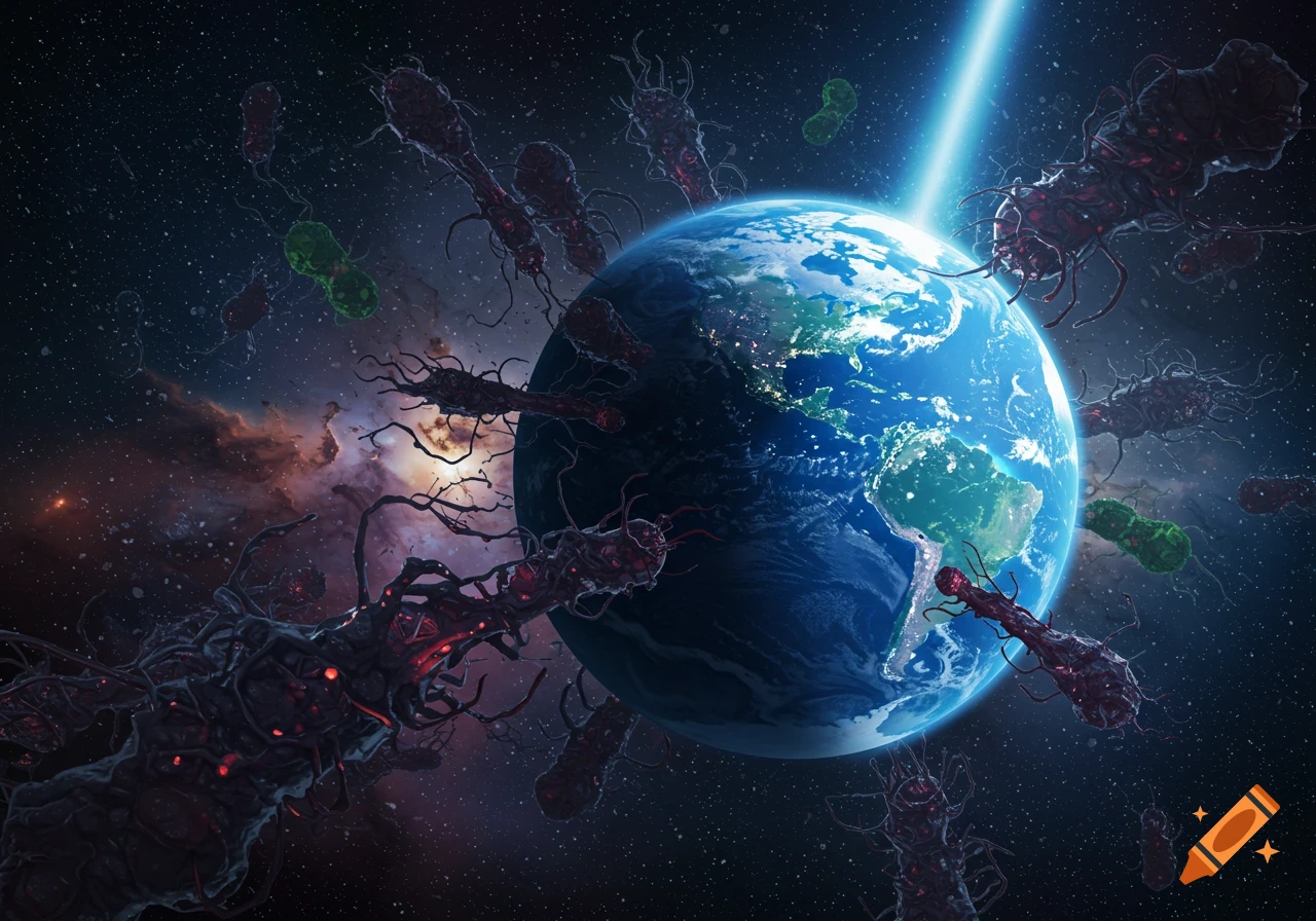 Planet Earth in space is surrounded by menacing, tentacled, red-glowing bacteria-like organisms, with a bright blue laser beam hitting the planet.
