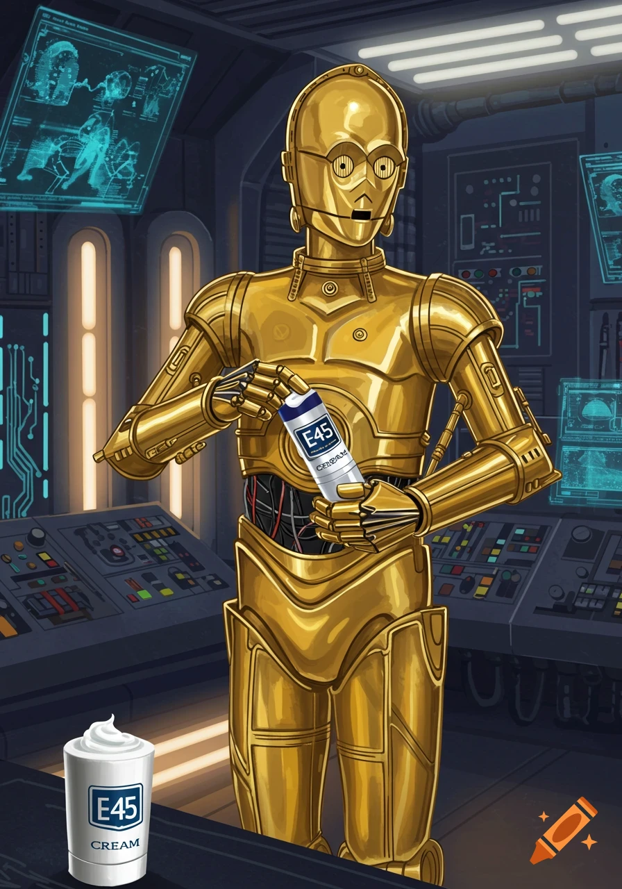 C-3PO holds a tube of E45 cream in a futuristic control room, with a tub of E45 cream on a counter.