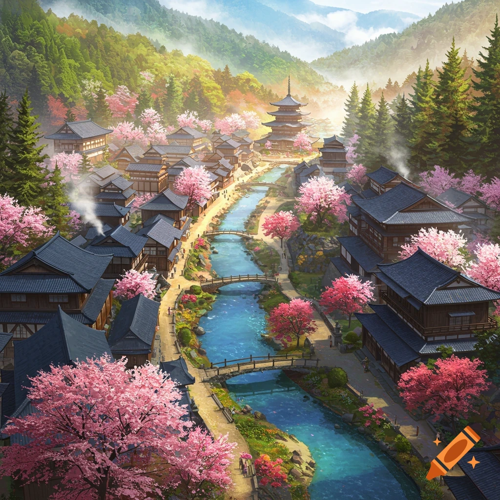 A picturesque Japanese town with traditional buildings, a winding river, and bridges, surrounded by vibrant cherry blossoms and green mountains.
