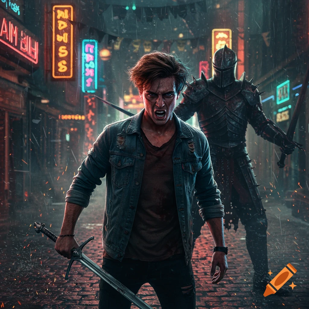 A young man with a sword, fierce expression, stands in a rainy neon-lit city street. A menacing knight in spiked armor looms behind him.