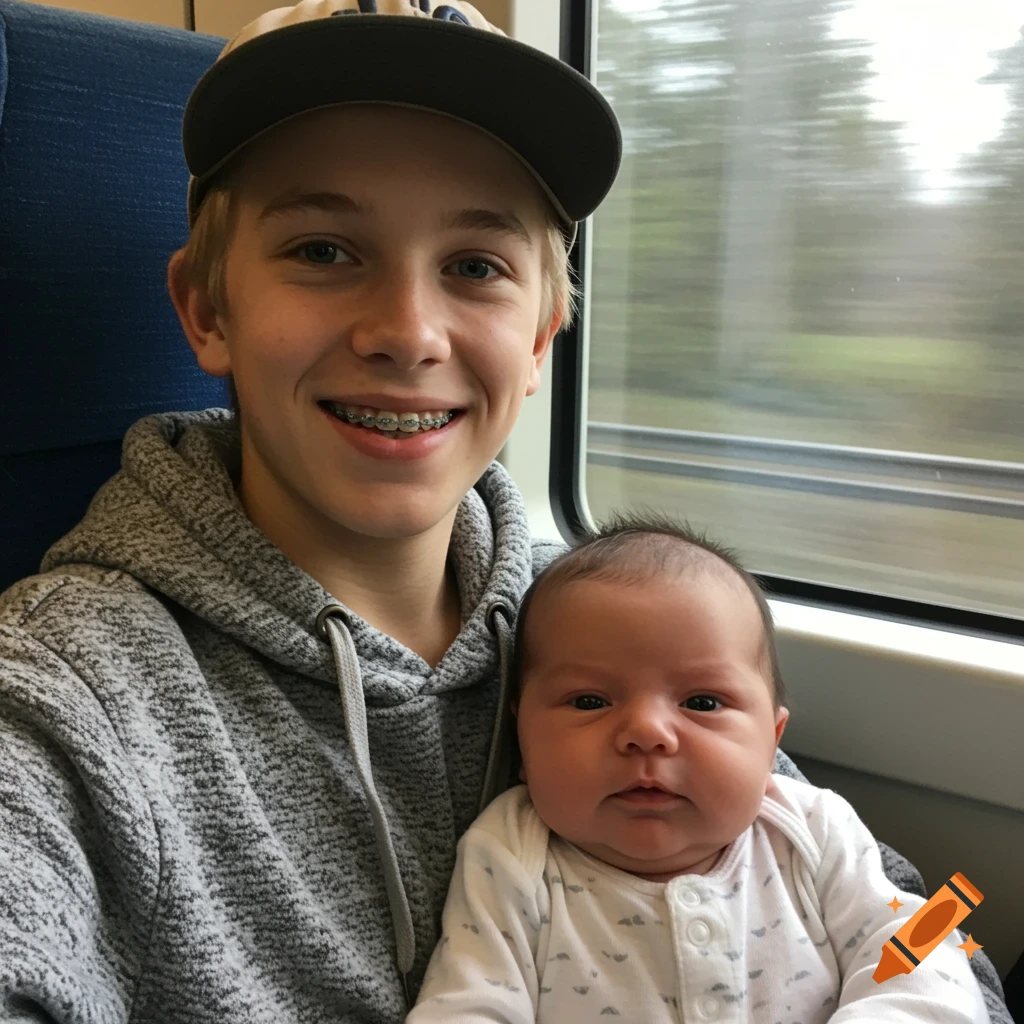 A smiling teenage boy with braces and a cap holds a baby on a train. The boy wears a grey hoodie, and the baby wears a white onesie.
