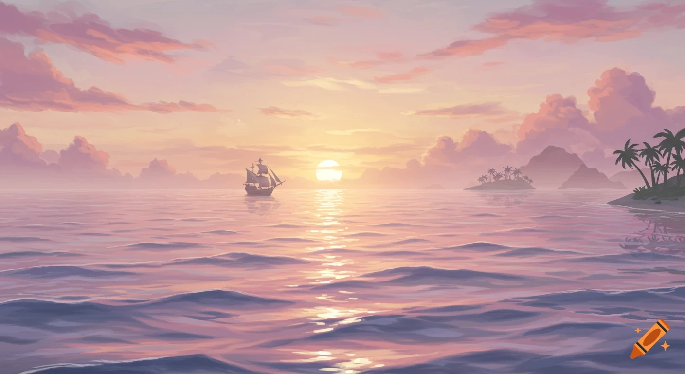 An illustrative seascape with a sailing ship on calm water at sunset, pink and orange clouds, and islands with palm trees.