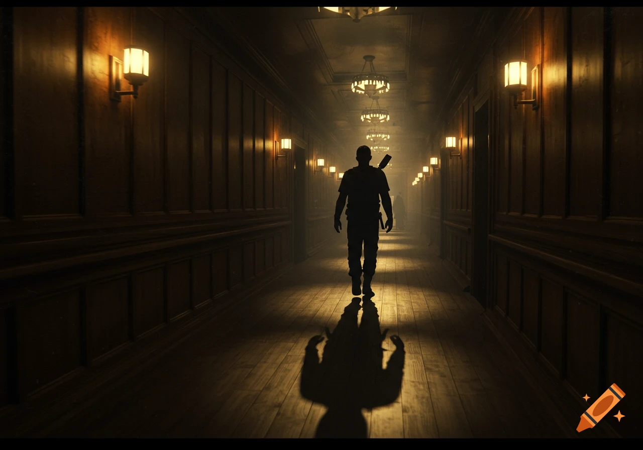 A lone silhouetted figure walks away down a long, dimly lit hallway with ornate wood paneling and sconces.