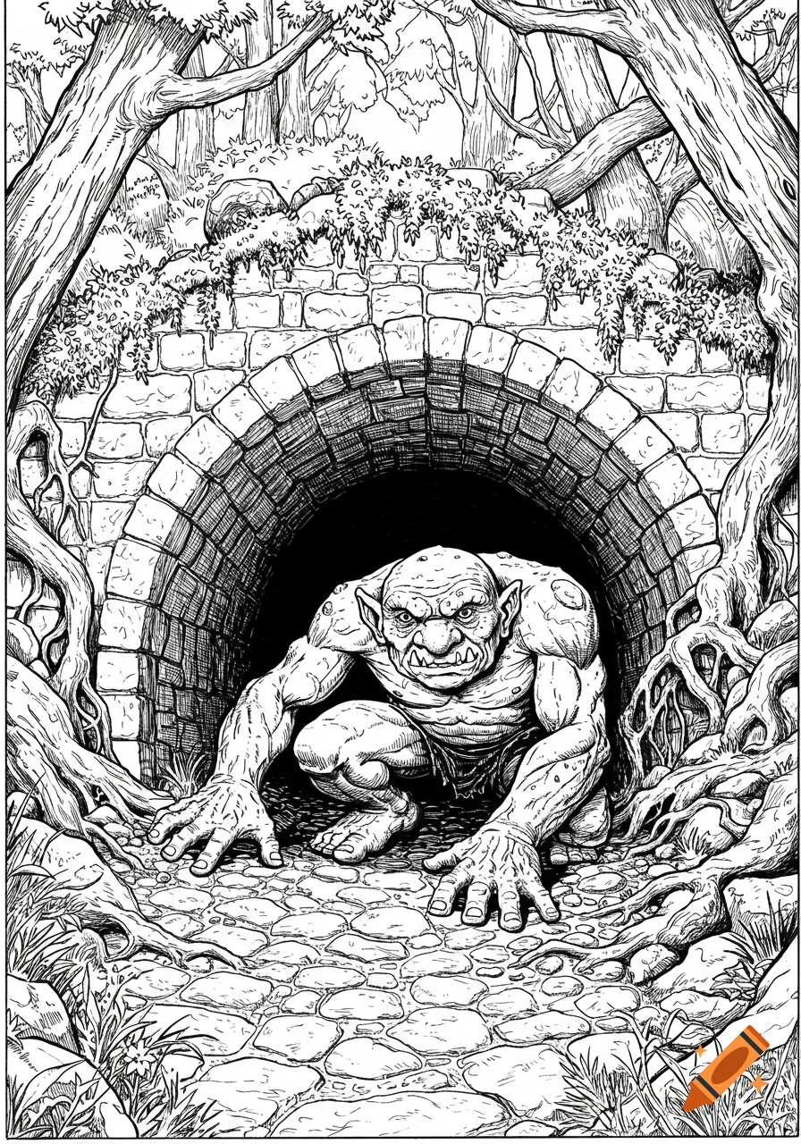 A black and white line art drawing of a menacing troll crouching and emerging from a dark arched tunnel under a stone bridge in a forest.