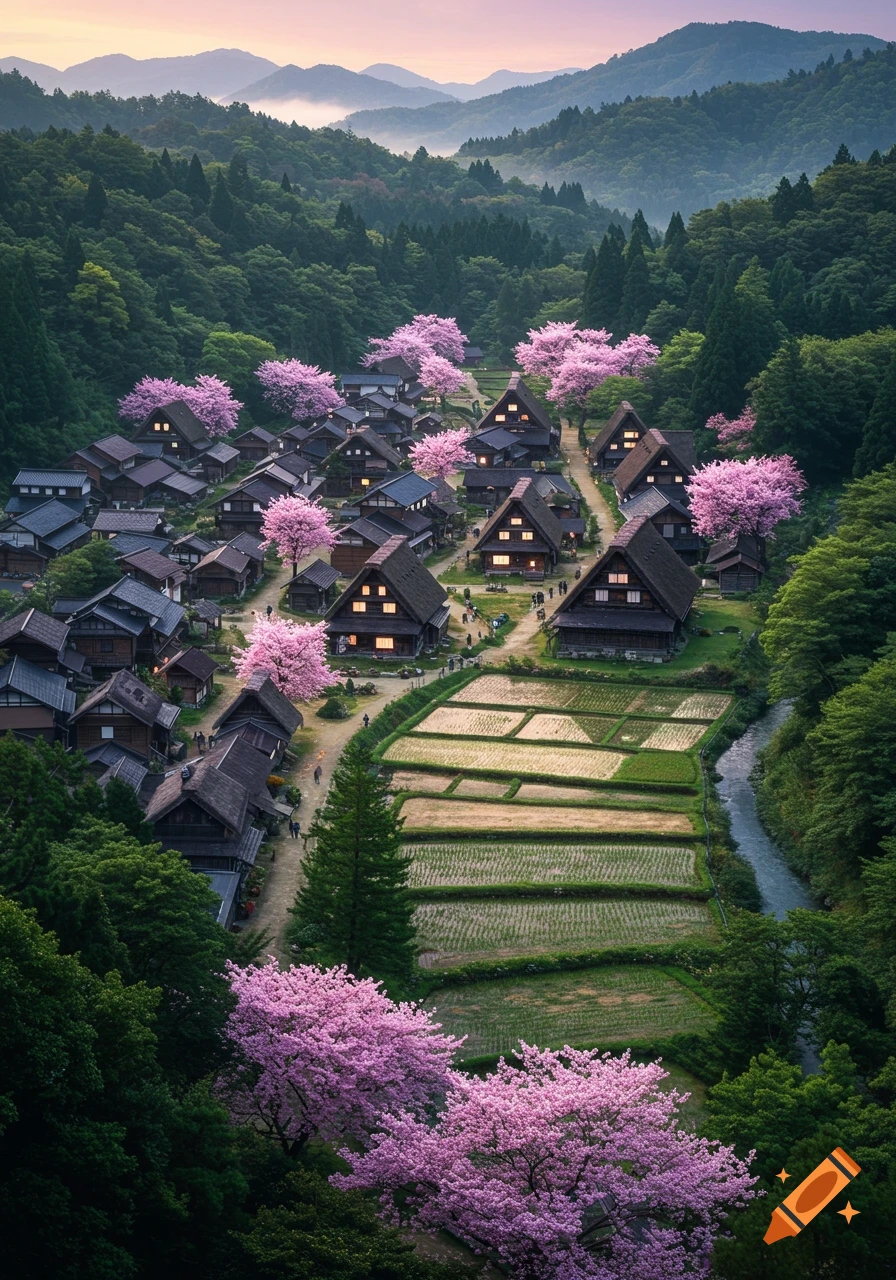 Aerial view of a picturesque Japanese village with traditional houses, cherry blossoms, and rice paddies, surrounded by mountains.