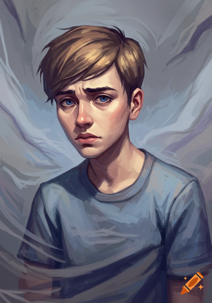 Digital painting of a young person with light brown hair and blue eyes, looking down with a worried expression against an abstract, soft gray background.