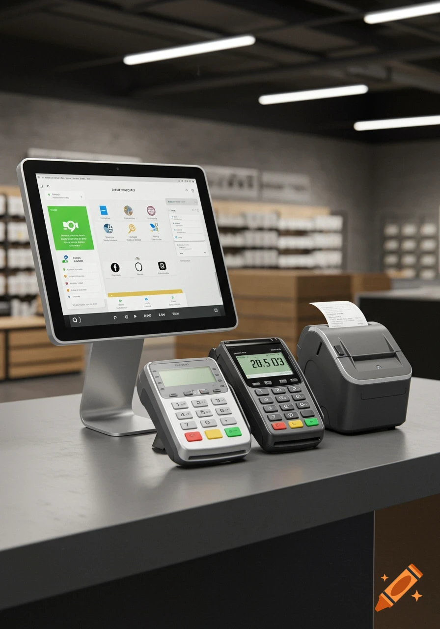 A photorealistic image of point of sale equipment on a counter, including a tablet, two card readers, and a receipt printer.