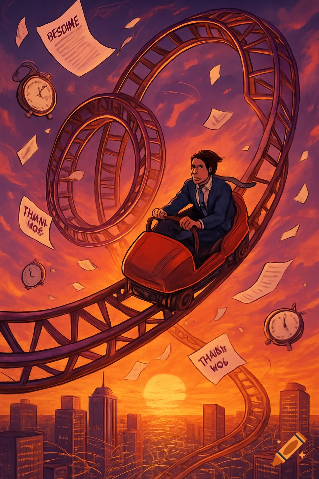 Illustrated man in a suit riding a rollercoaster over a sunset city, with floating papers and clocks.